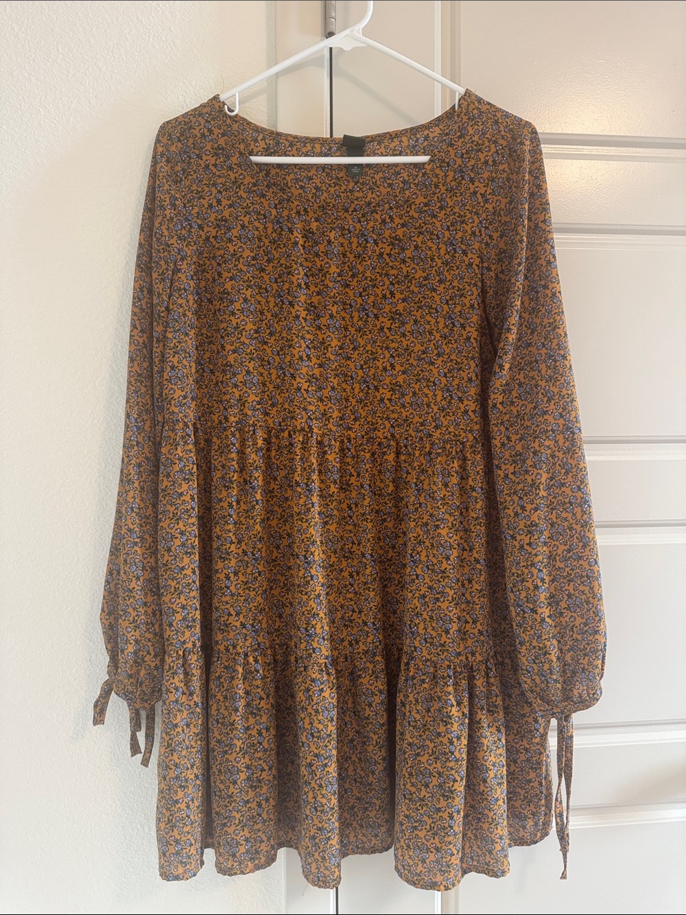 Floral Long-Sleeve Tiered Dress - Mustard